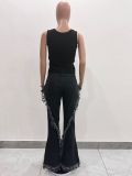Women Fringed Stretchy Bell Bottom Denim Pants