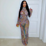 Women Long-Sleeved Ink Painting Mesh Beaded Sexy Dress