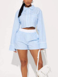 Women Summer Casual Long-Sleeve Turndown Collar Top and Shorts Two-Piece Set