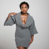 Women's Autumn & Winter Solid Color Casual Loose Cowl Neck Knitted Mid-Long Sleeve Dress