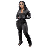 Women's Solid Velvet Casual Zip Top Wide Leg Pants Two Piece Tracksuit