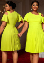Plus Size Asymmetric Off-Shoulder Elegant Ruffle Sleeve Slim Waist Fashion Pleated Dress Plus Size Asymmetric Off-Shoulder Elegant Ruffle Sleeve Slim Waist Fashion Pleated Dress