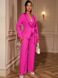 V-Neck Beaded Slim Waist Long Sleeve Blazer & High-Waist Straight Pants Two-Piece Set