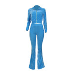 Women's Solid Velvet Casual Zip Top Wide Leg Pants Two Piece Tracksuit