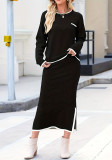 Solid Color Elegant Fashion Round Neck Long Sleeve Top & Split Midi Skirt Two-Piece Set