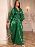 V-Neck Patchwork Sequin Bat Sleeve Gown Pleated Slim Waist Loose African Formal Party Evening Dress
