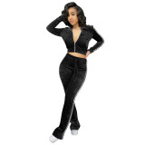 Women's Solid Velvet Casual Zip Top Wide Leg Pants Two Piece Tracksuit