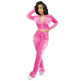 Women's Solid Velvet Casual Zip Top Wide Leg Pants Two Piece Tracksuit