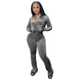 Women's Solid Velvet Casual Zip Top Wide Leg Pants Two Piece Tracksuit