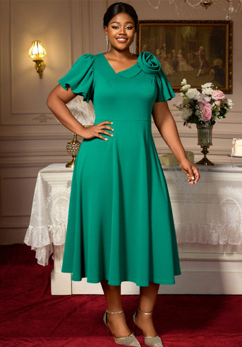 Plus Size Women's Puff Sleeve Diagonal V-Neck Dress One-Shoulder Flower Elegant Wedding Party Gown