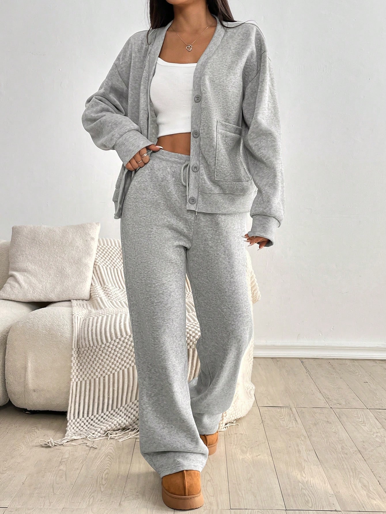 Women's Autumn & Winter Button Coat & Wide-Leg Pants Casual Set