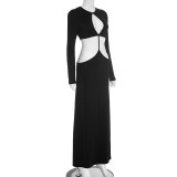 Women's Sexy Hollow Out Round Neck Long Sleeve Open Waist Slim Maxi Dress