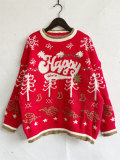 Autumn & Winter Round Neck Long Sleeve Color Block Letter Snowflake Christmas Knitted Pullover Sweater