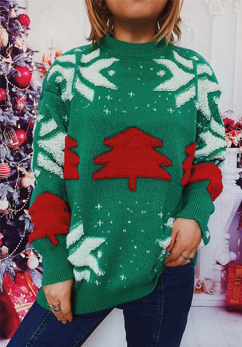 Autumn & Winter Christmas Tree Jacquard Round Neck Long Sleeve Knitted Pullover Sweater