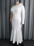 Fashion Elegant One-Shoulder Long Sleeve Dress Ruffled Slim Mermaid Evening Gown