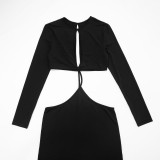 Women's Sexy Hollow Out Round Neck Long Sleeve Open Waist Slim Maxi Dress