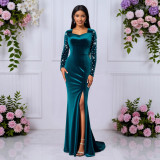 Chic Elegant Long Sleeve Velvet Dress High-Waist Beaded Split Mermaid Evening Gown