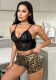 Lace Leopard Print Strap Pajama Shorts Set V-Neck Sexy Loungewear Set