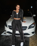 Women's Solid Velvet Casual Zip Top Wide Leg Pants Two Piece Tracksuit