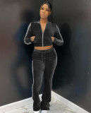 Women's Solid Velvet Casual Zip Top Wide Leg Pants Two Piece Tracksuit