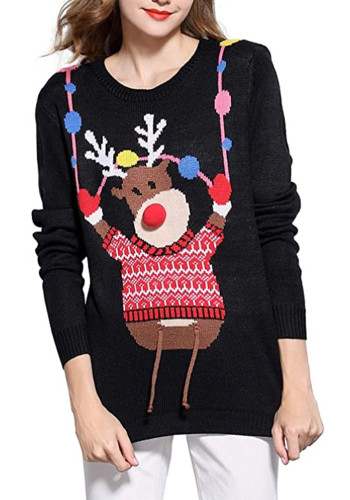 Cartoon Jacquard Knitted Top Autumn & Winter Loose Christmas Sweater