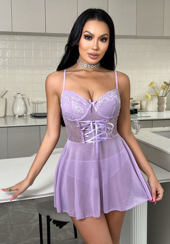 Lace Strap Nightgown V-Neck See-Through Lace-Up Dress Lingerie
