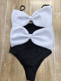 Solid Color Strap Double Bow One-Piece Swimsuit Women's Sexy Hollow Out Swimwear