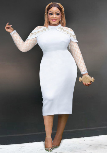 Round Neck Party Dress Lace Patchwork Long Sleeve Slim Waist Bodycon Bridesmaid Gown