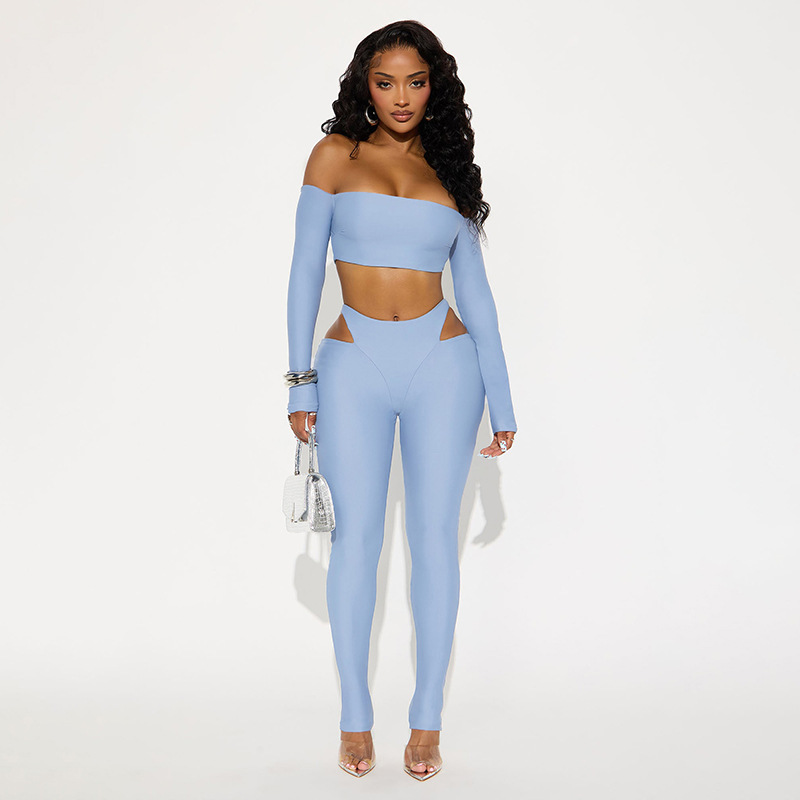 Women's Autumn Off-Shoulder Crop Top & High-Waist Hollow Out Pants Set