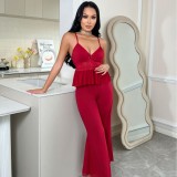 Strap Pajama Pants Set V-Neck Lace Sexy Loungewear Set