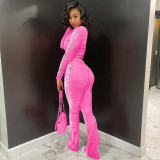 Women's Solid Velvet Casual Zip Top Wide Leg Pants Two Piece Tracksuit