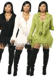 Autumn & Winter Knitted Crochet Fringe Lace-Up Long Sleeve Bodycon Skirt Set