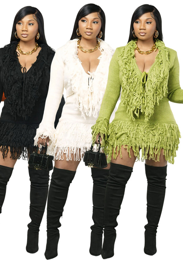 Autumn & Winter Knitted Crochet Fringe Lace-Up Long Sleeve Bodycon Skirt Set