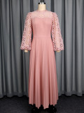 Elegant Lace Lantern Long Sleeve Hollow Out Slim Waist Pleated A-Line Party Maxi Dress