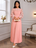 Elegant Lace Lantern Long Sleeve Hollow Out Slim Waist Pleated A-Line Party Maxi Dress