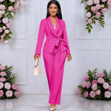 V-Neck Beaded Slim Waist Long Sleeve Blazer & High-Waist Straight Pants Two-Piece Set