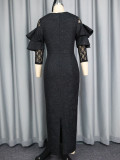 Black Lace Jacquard Patchwork Ruffle Sleeve Slim Waist Slim Fit Formal Party Evening Gown