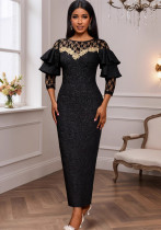 Black Lace Jacquard Patchwork Ruffle Sleeve Slim Waist Slim Fit Formal Party Evening Gown