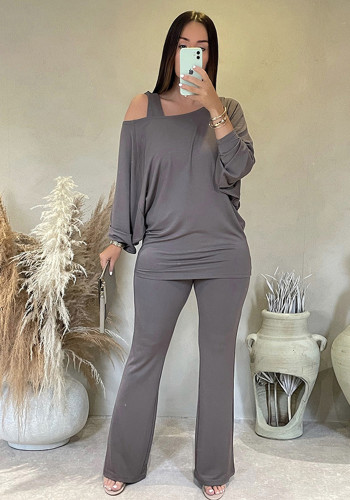 Women's Autumn & Winter Solid Color Casual Slash Shoulder One-Shoulder Lantern Long Sleeve Bell Bottom Pants Set