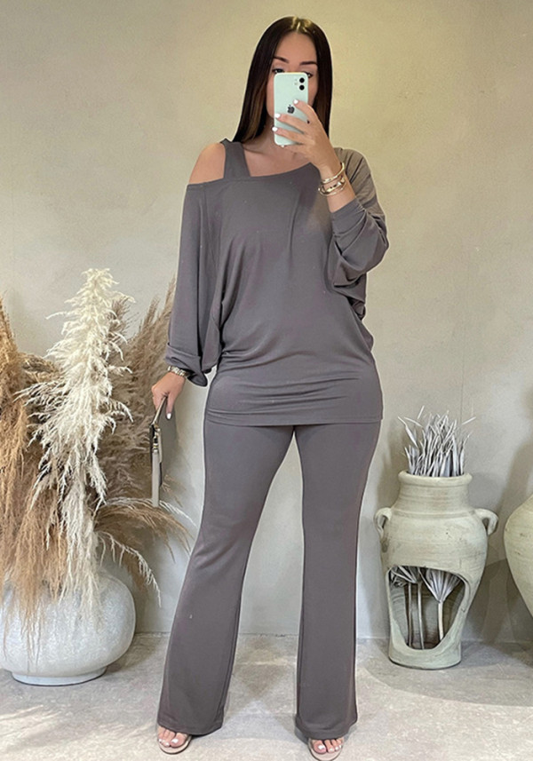 Women's Autumn & Winter Solid Color Casual Slash Shoulder One-Shoulder Lantern Long Sleeve Bell Bottom Pants Set