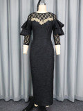 Black Lace Jacquard Patchwork Ruffle Sleeve Slim Waist Slim Fit Formal Party Evening Gown