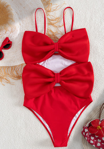Solid Color Strap Double Bow One-Piece Swimsuit Women's Sexy Hollow Out Swimwear
