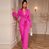 V-Neck Beaded Slim Waist Long Sleeve Blazer & High-Waist Straight Pants Two-Piece Set