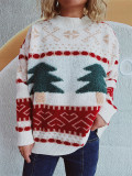 Women's Casual Round Neck Knitted Christmas Cartoon Jacquard Holiday New Year Sweater