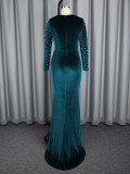 Chic Elegant Long Sleeve Velvet Dress High-Waist Beaded Split Mermaid Evening Gown
