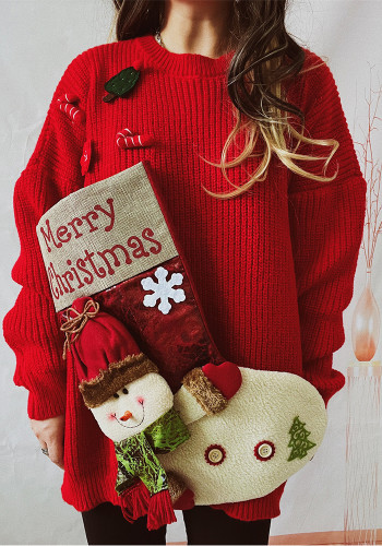 Loose Christmas Sweater Oversized Christmas Stocking Snowman Pocket Decorated Red New Year Sweater for Women