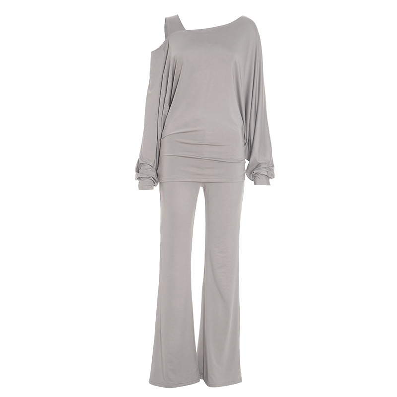 Women's Autumn & Winter Solid Color Casual Slash Shoulder One-Shoulder Lantern Long Sleeve Bell Bottom Pants Set