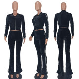 Women's Solid Velvet Casual Zip Top Wide Leg Pants Two Piece Tracksuit