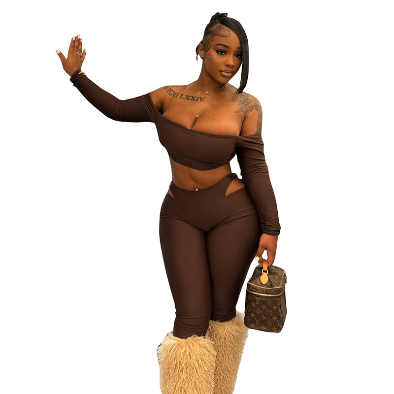 Women's Autumn Off-Shoulder Crop Top & High-Waist Hollow Out Pants Set