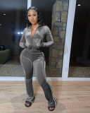 Women's Solid Velvet Casual Zip Top Wide Leg Pants Two Piece Tracksuit